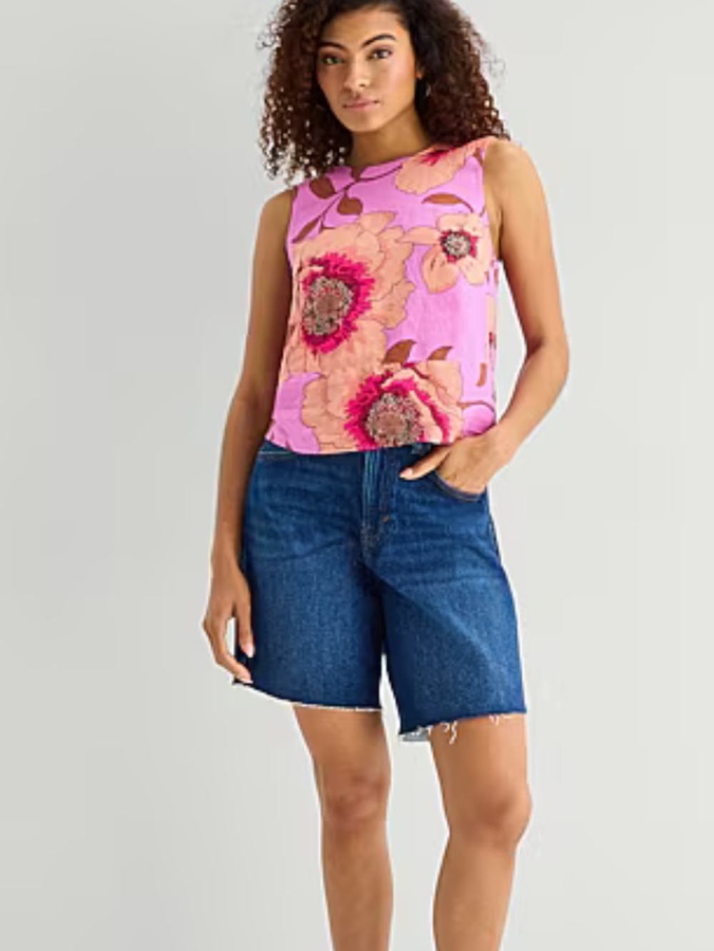 a.n.a Linen Blend Sleeveless Blouse Women’s M Pink Sig Floral Round Neck NWT